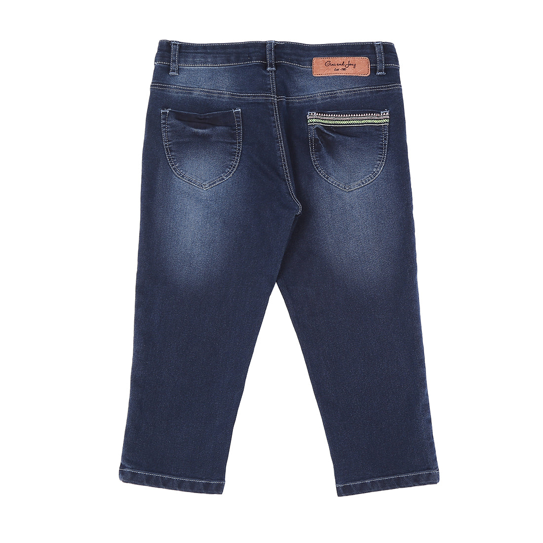 Girls Navy Blue Washed Denim Capri Fixed Waist