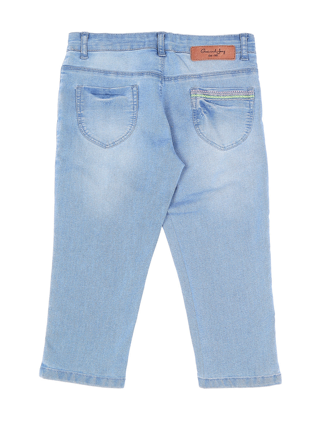 Girls Blue Washed Denim Capri Fixed Waist