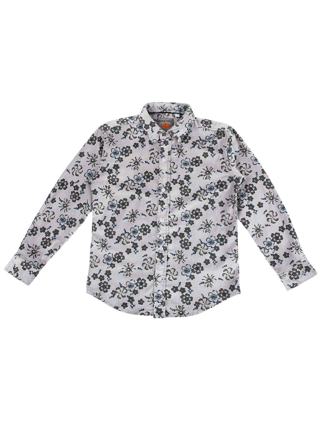 Boys White Floral Print Cotton Shirt Full Sleeves