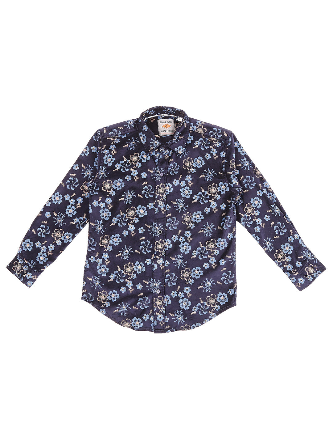 Boys Blue Floral Print Cotton Shirt Full Sleeves
