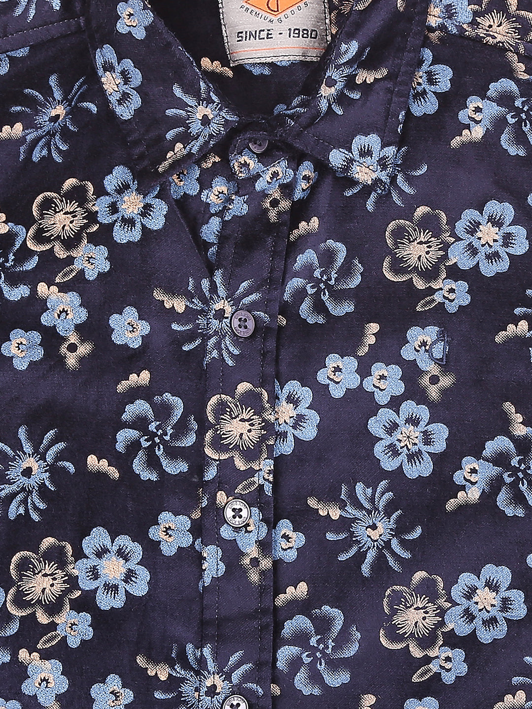 Boys Blue Floral Print Cotton Shirt Full Sleeves
