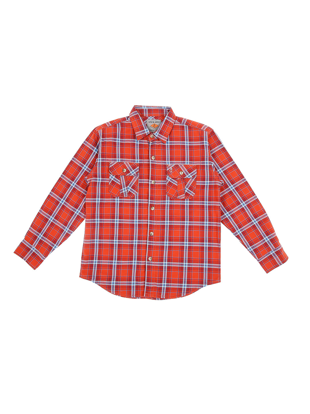 Boys Orange Checks Cotton Shirt Full Sleeves