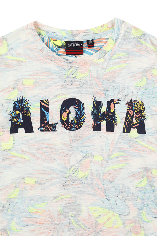 Boys White Tropical Print Cotton T-Shirt Half Sleeves