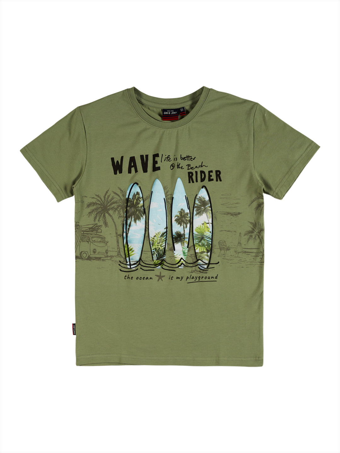 Boys Olive Graphic Print Cotton T-Shirt Half Sleeves