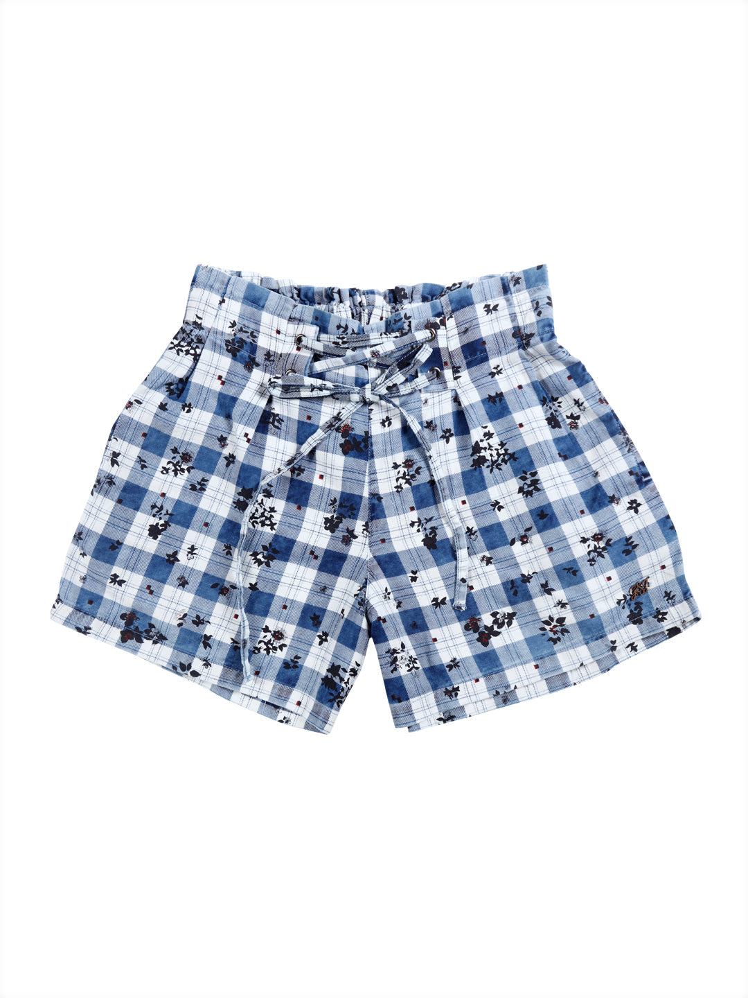 Girls Blue checks Cotton Shorts Fixed Waist