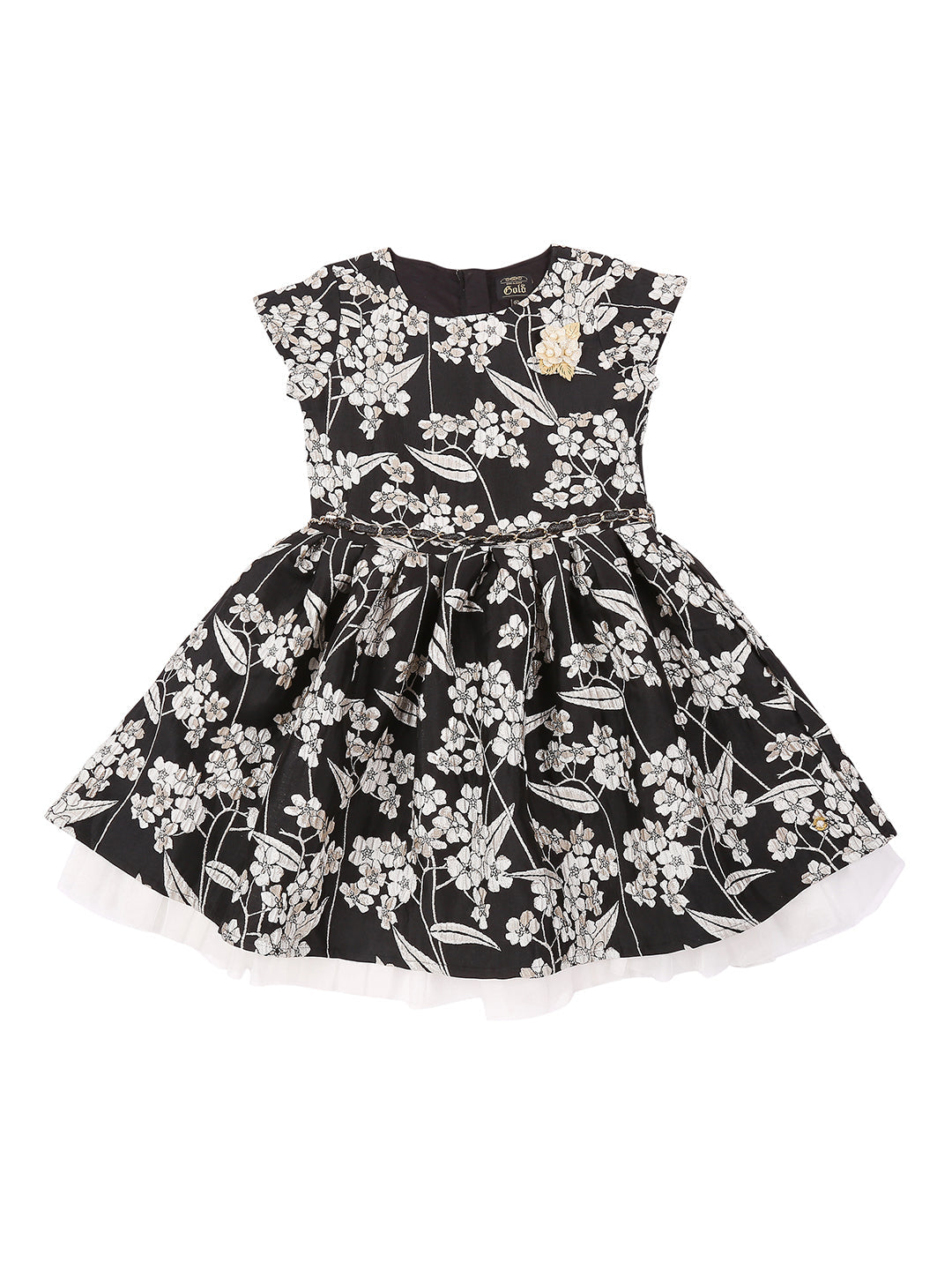 Girls Black Floral Print Cotton Dress Half Sleeves