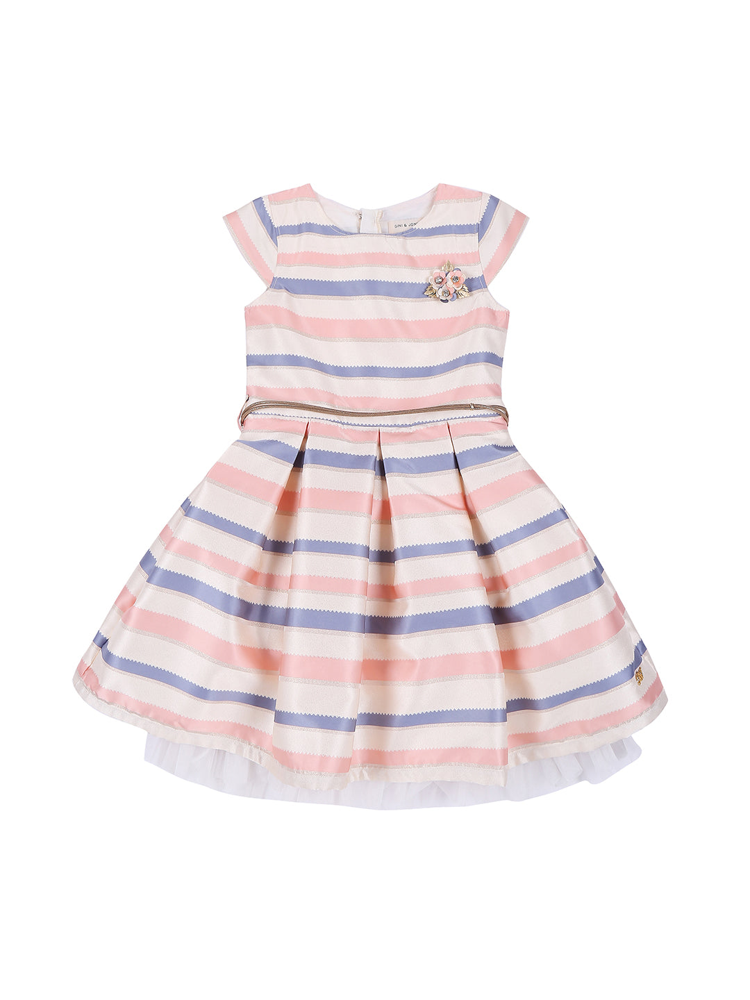 Girls Peach Stripes Satin Dress Half Sleeves