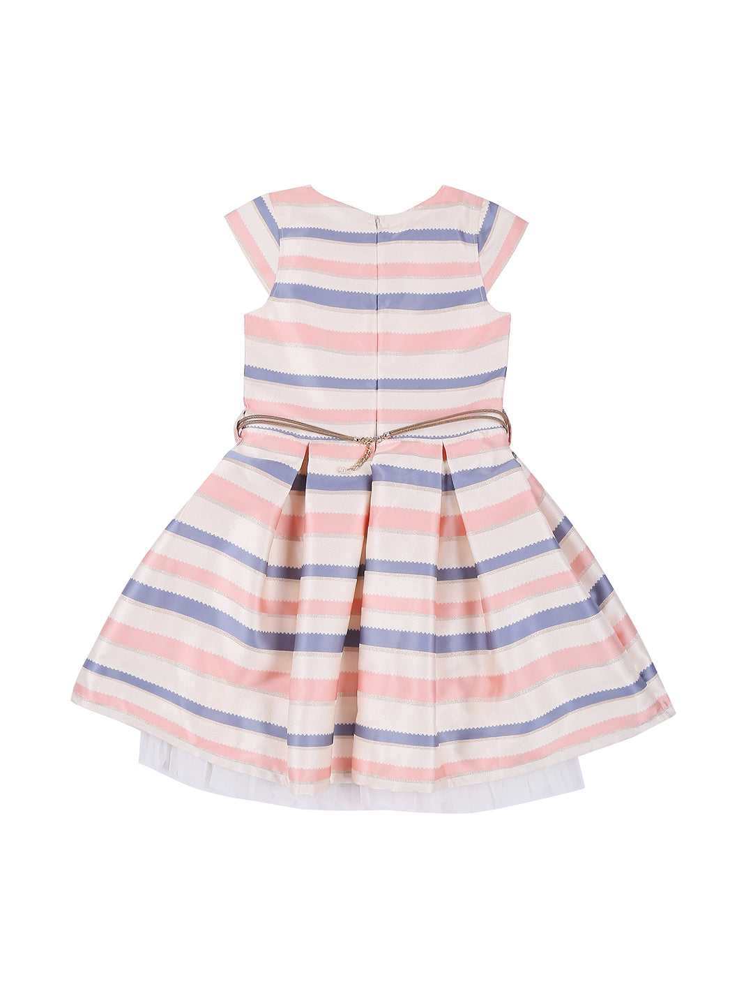 Girls Peach Stripes Satin Dress Half Sleeves