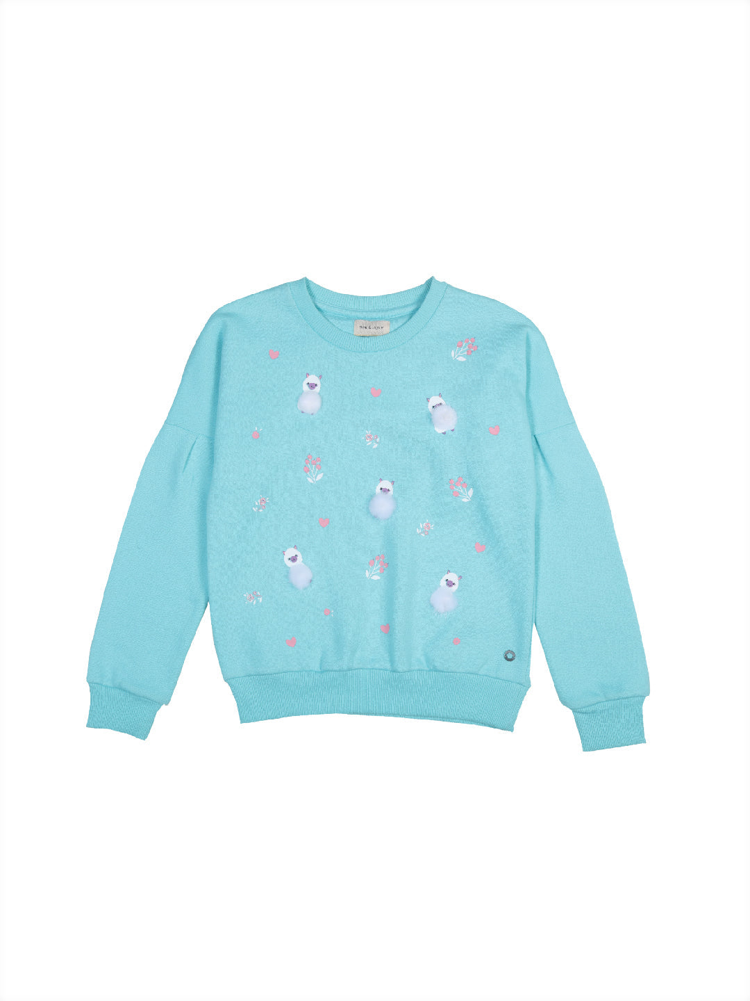 Girls Blue Applique Cotton Sweat Shirt Full Sleeves