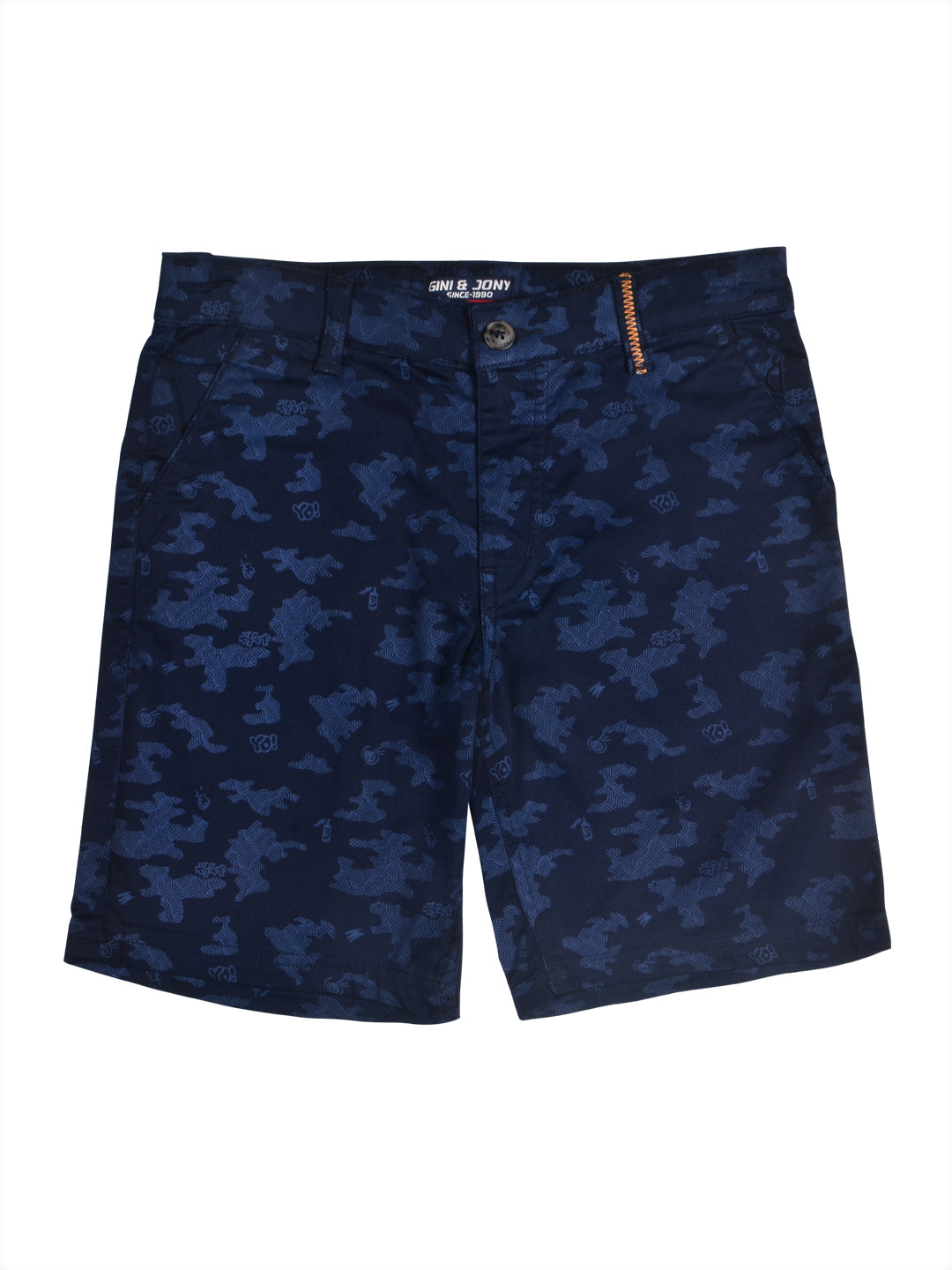Boys Navy Blue Abstract Cotton Bermuda Fixed Waist