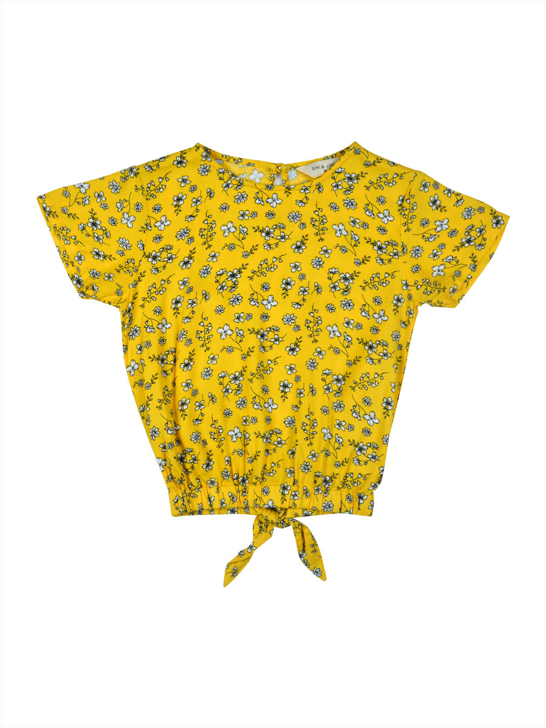 Girls Yellow Floral Print Cotton Woven Top Half Sleeves