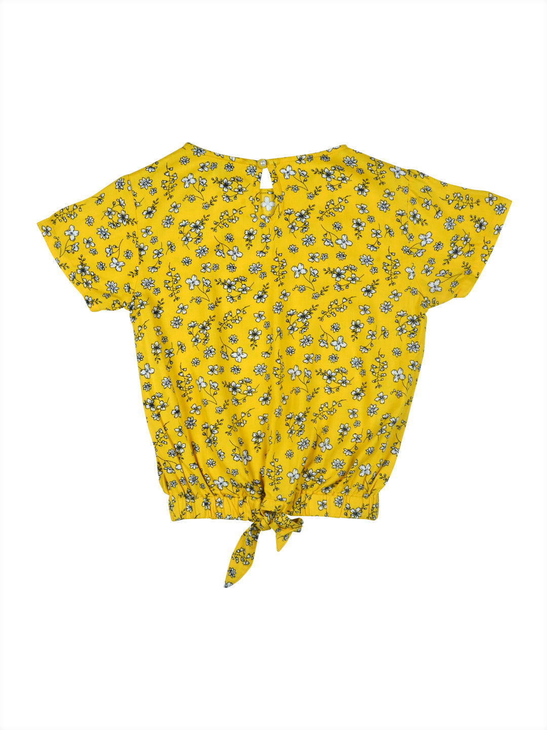 Girls Yellow Floral Print Cotton Woven Top Half Sleeves