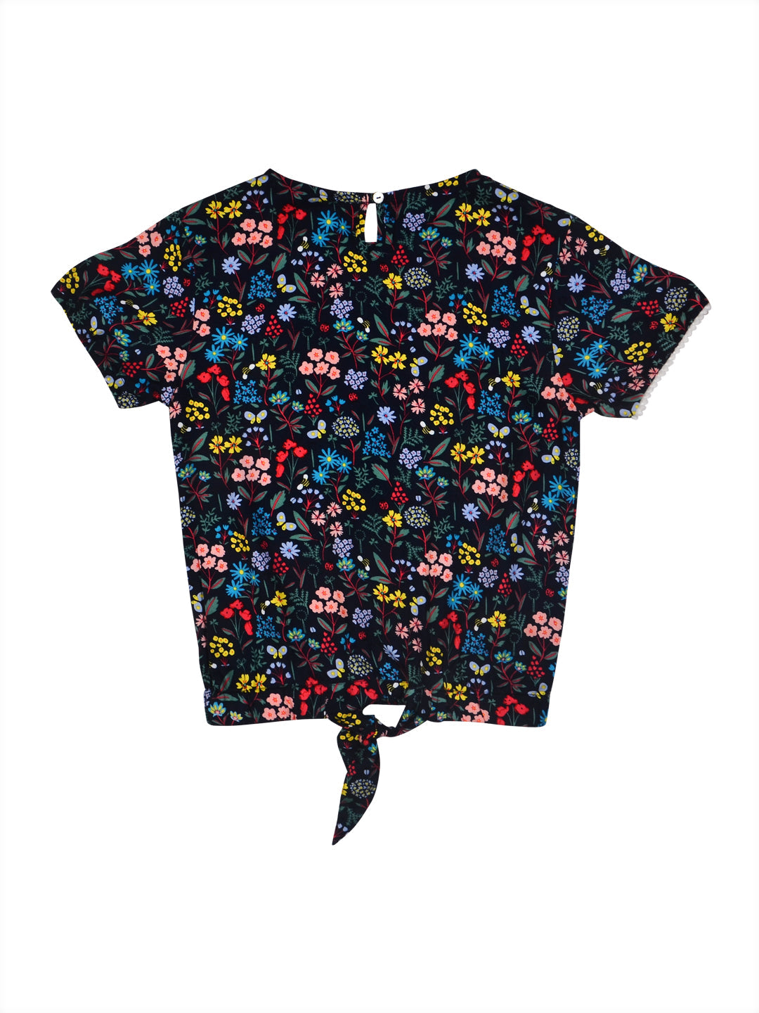 Girls Navy Blue Floral Print Cotton Woven Top Half Sleeves