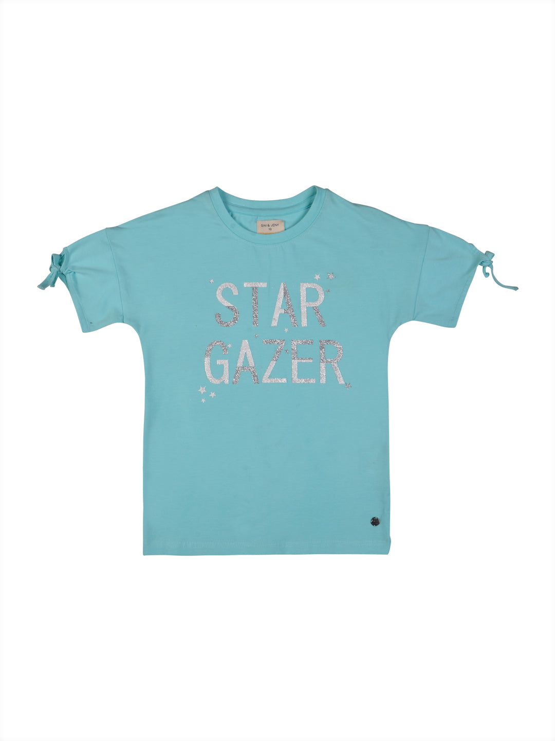 Girls Blue Embellished Cotton Knits Top Half Sleeves
