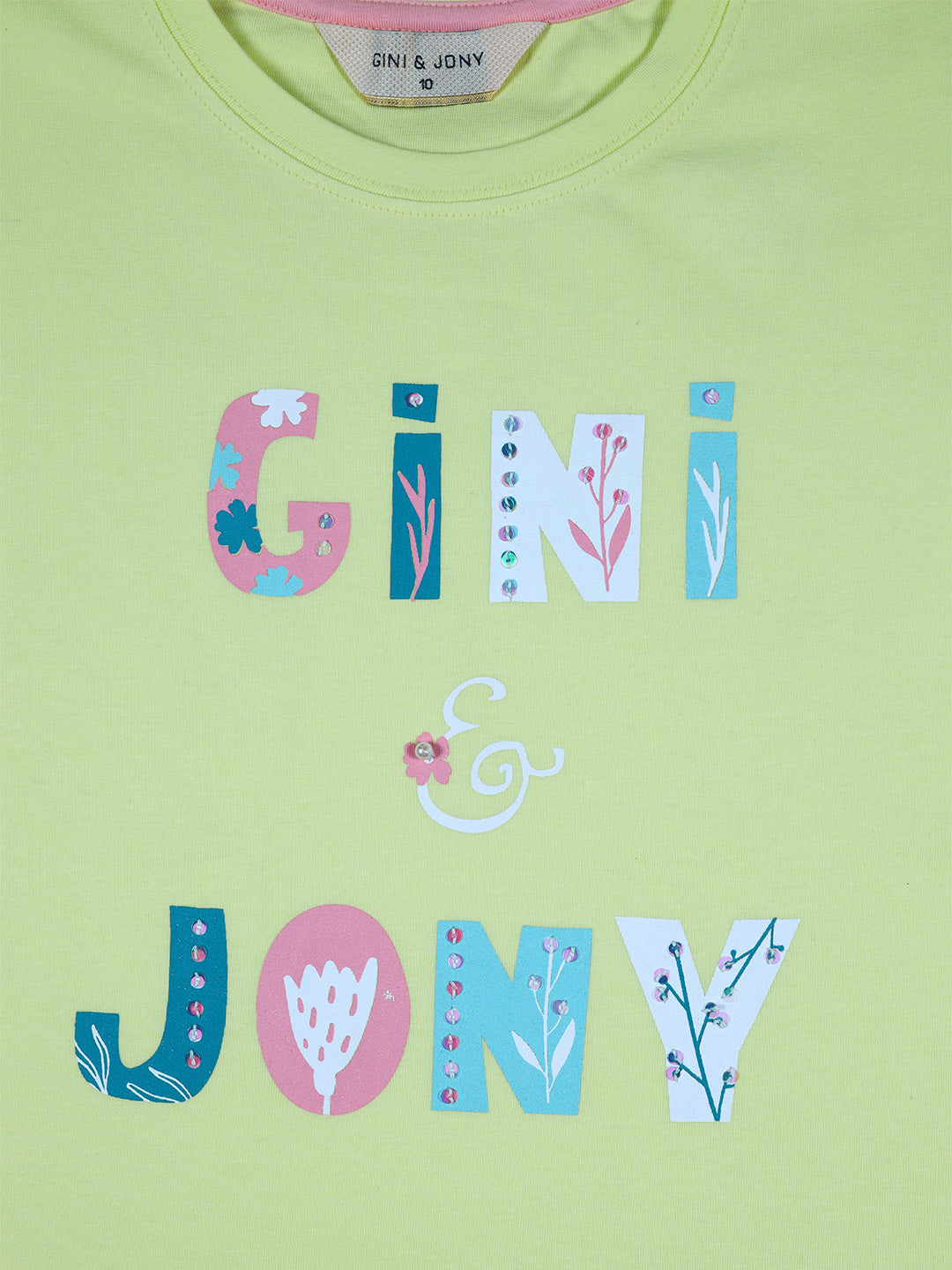 Girls Yellow Typographic Print Cotton Knits Top Half Sleeves