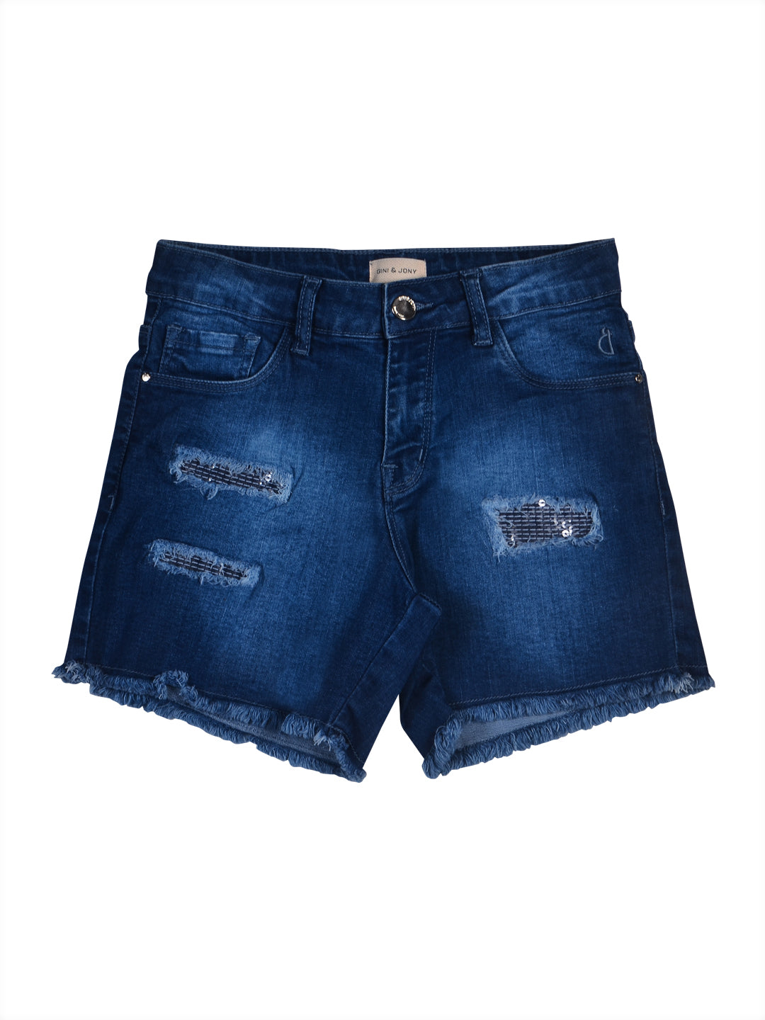 Girls Navy Blue Distressed Denim Shorts Fixed Waist