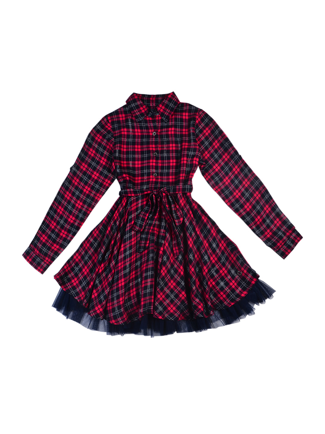Girls Red Checks Cotton Dress Full Sleeves