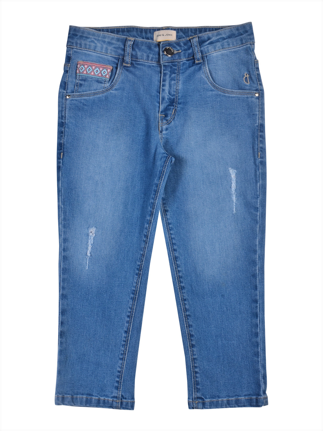 Girls Blue Washed Denim Pedal Pusher Fixed Waist