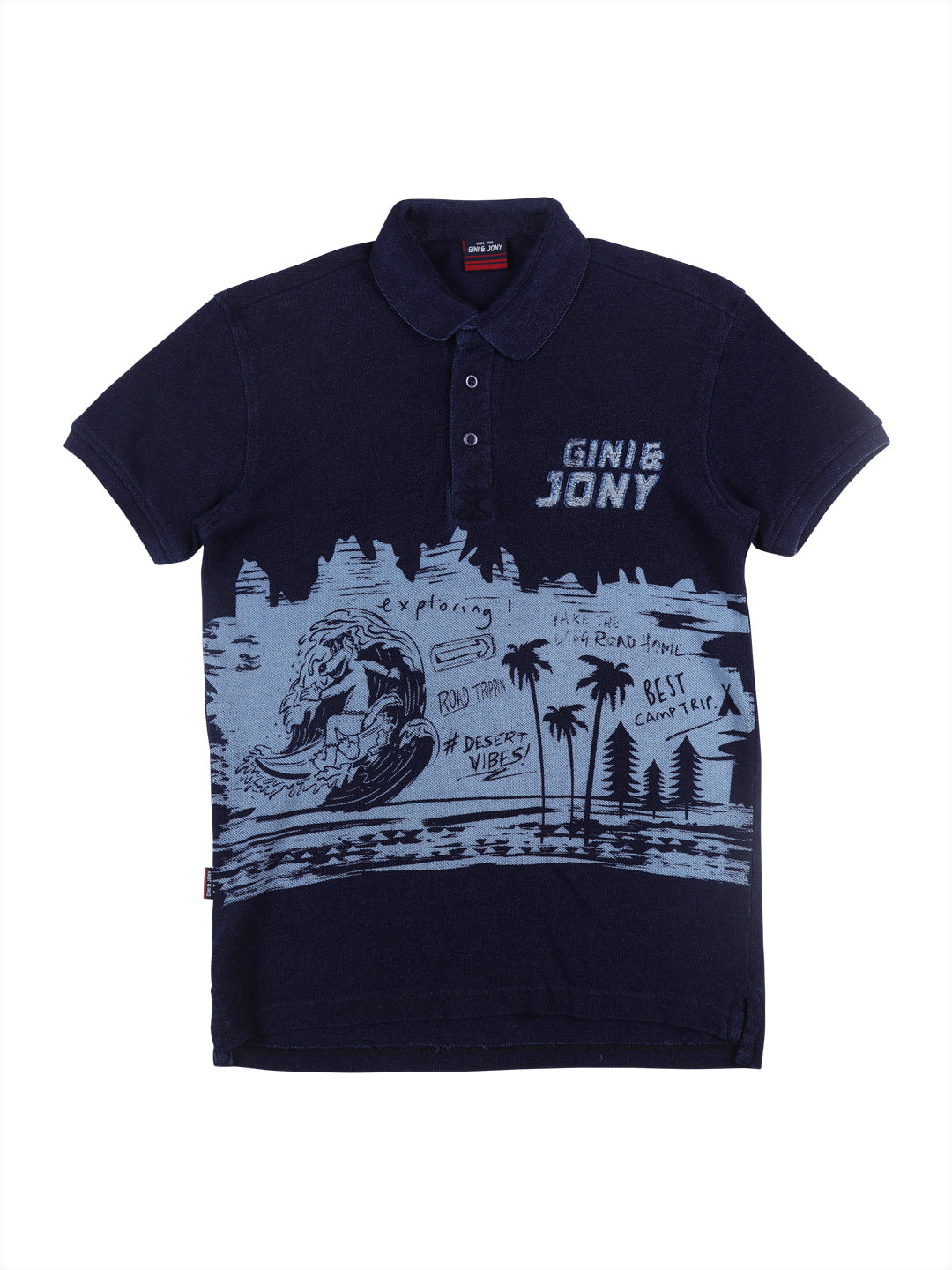 Boys Navy Blue Graphic Print Cotton Polo T-Shirt Half Sleeves