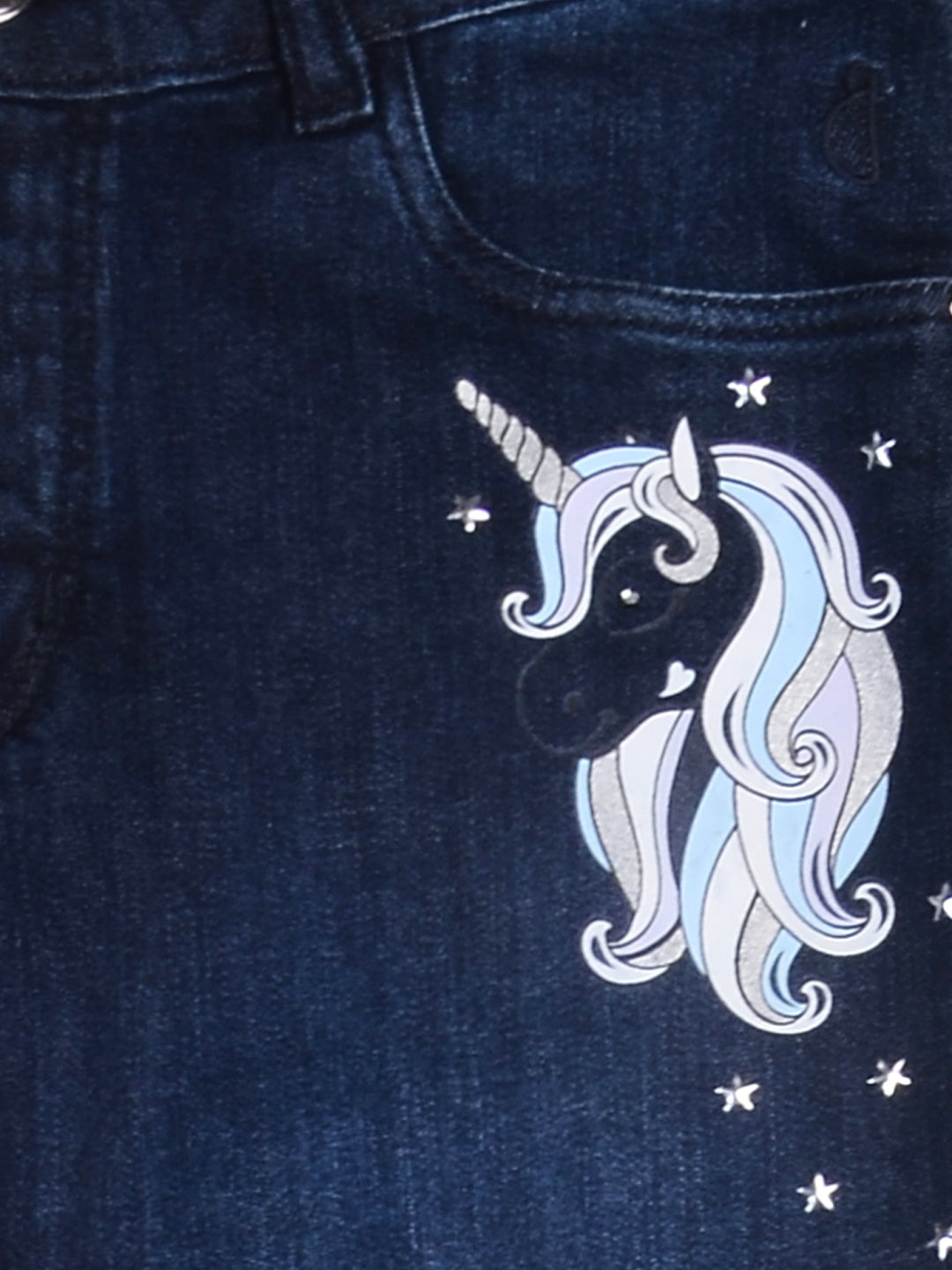 Girls Navy Blue Printed Denim Jeans Fixed Waist