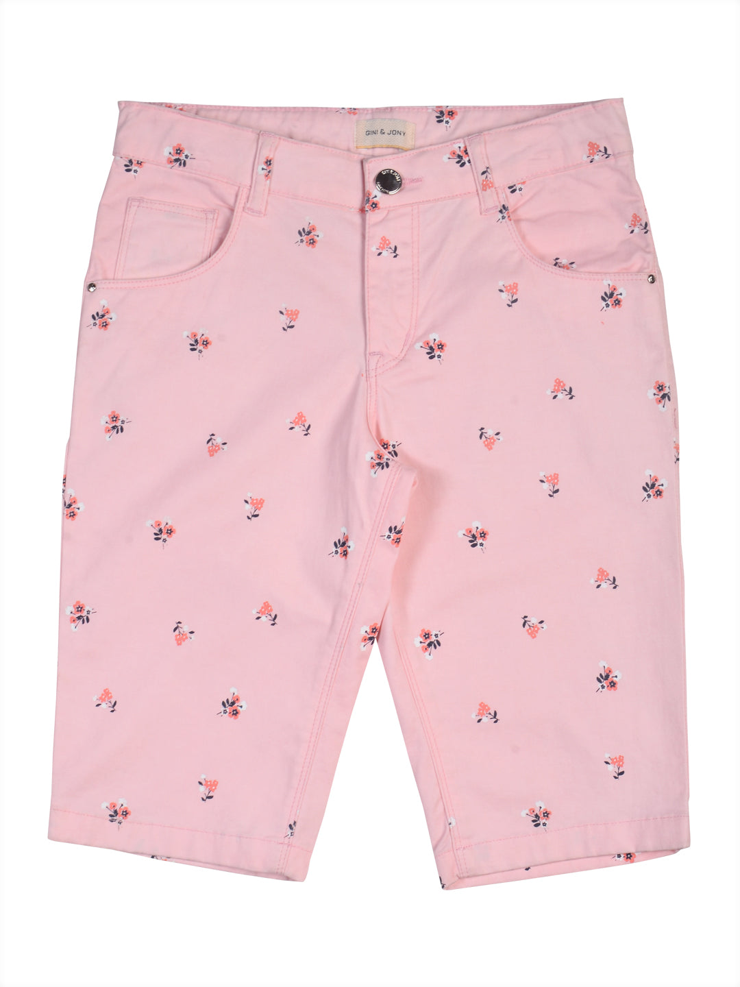 Girls Pink Floral Print Denim Pedal Pusher Fixed Waist
