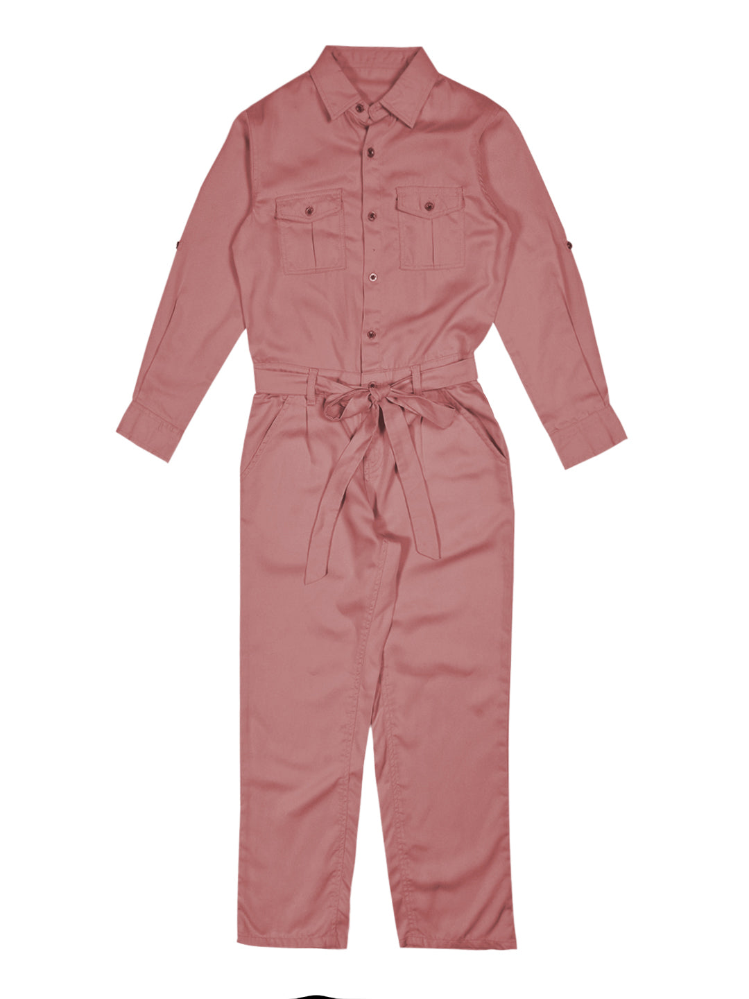 Girls Pink Solid Cotton Dungree Full Sleeves