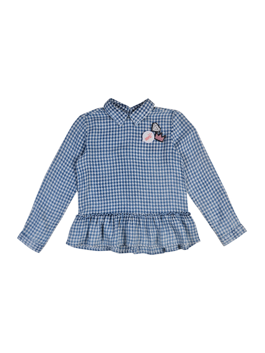 Girls Blue Houndstooth Cotton Woven Top Full Sleeves