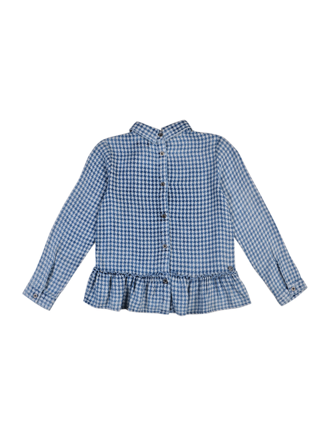 Girls Blue Houndstooth Cotton Woven Top Full Sleeves