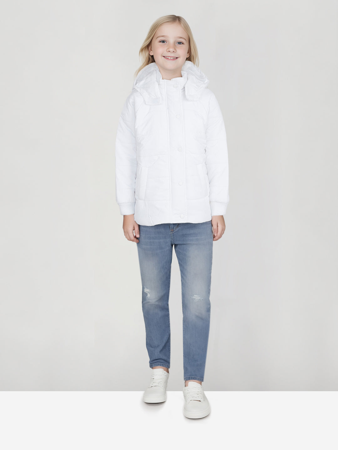 Girls White Solid Polyster Heavy Winter Jacket
