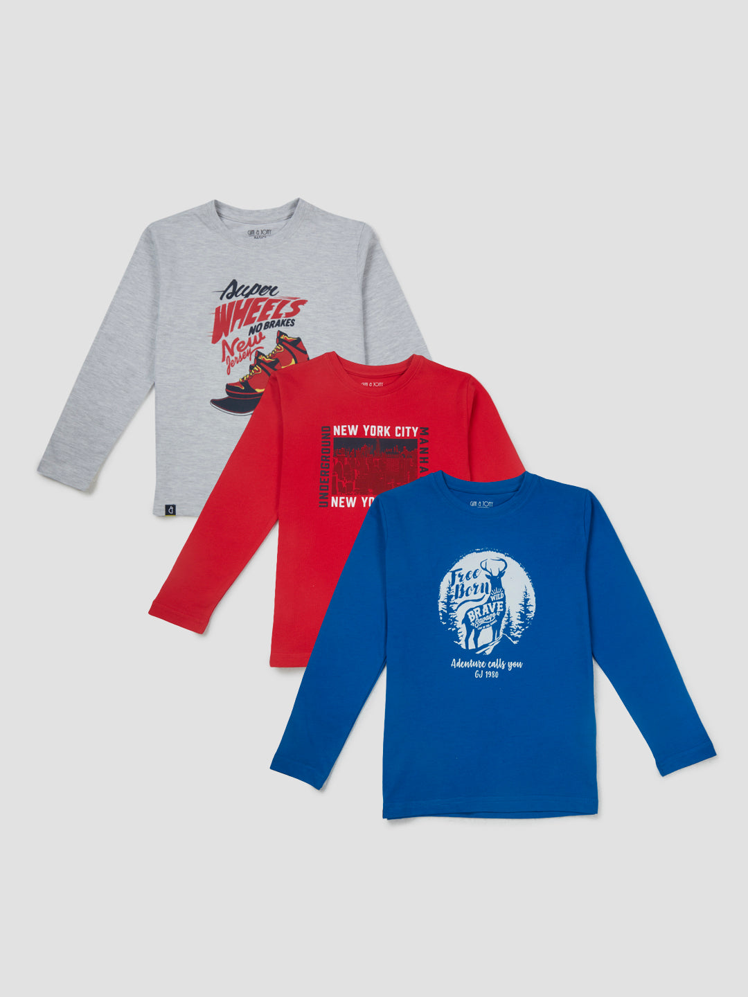 Boys Multicolor Graphic Print Cotton T-Shirt Pack Of-3 Full Sleeves