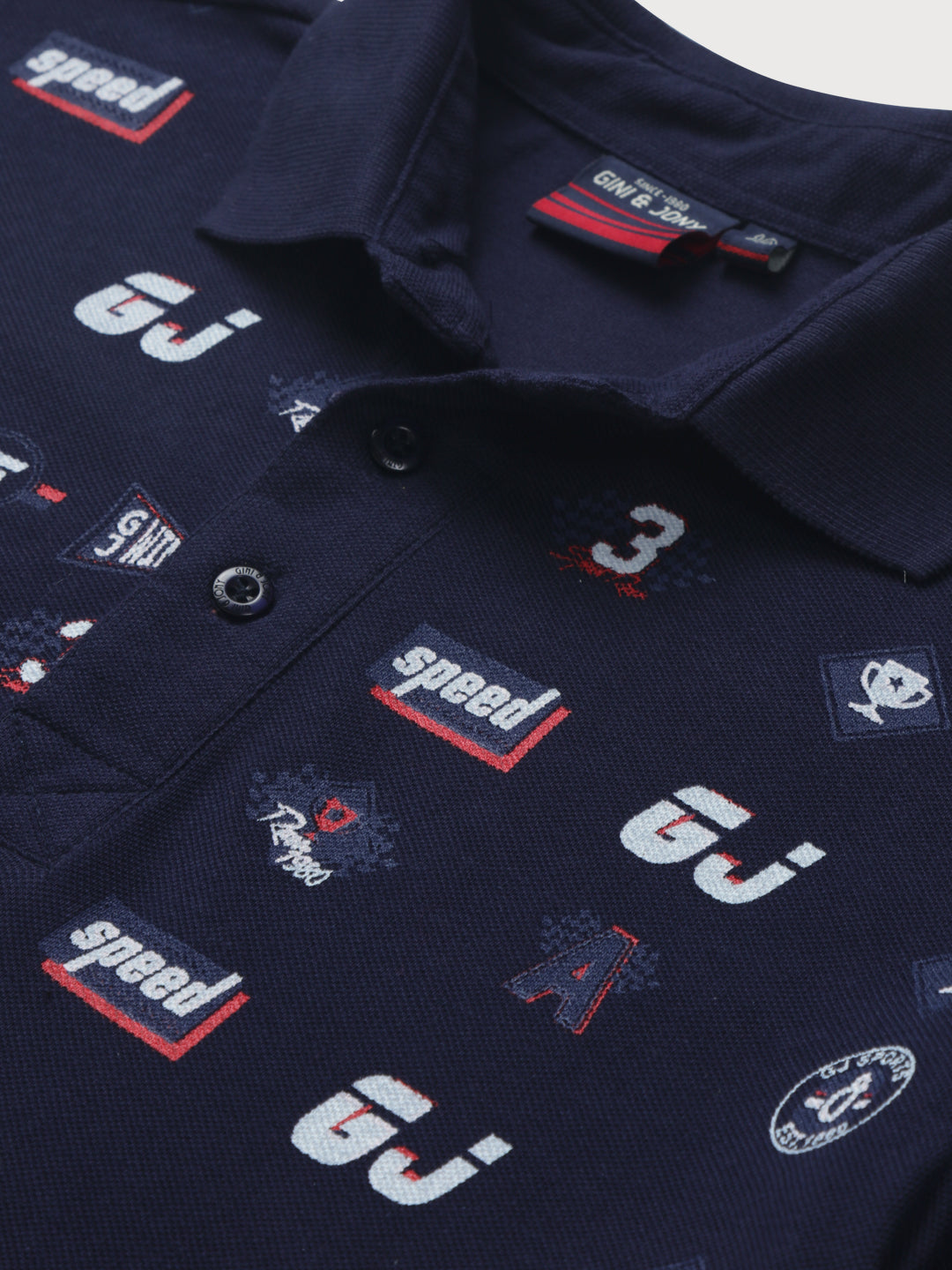 Boys Navy Blue Conversational print Cotton Polo T-Shirt Half Sleeves