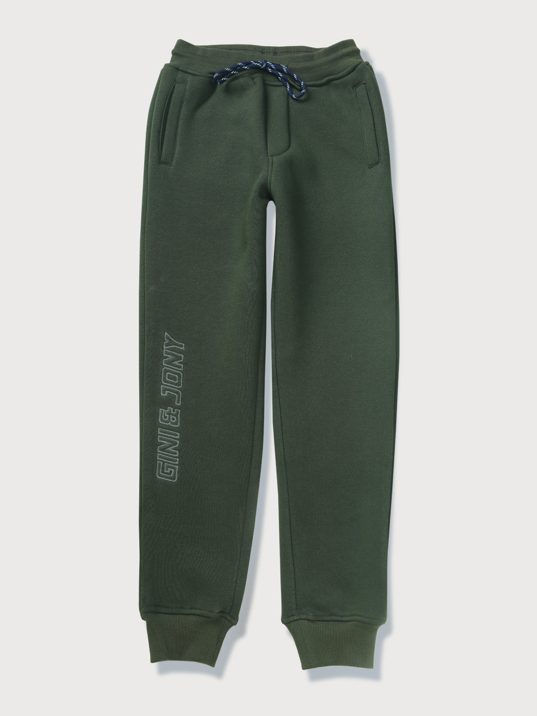 Boys Olive Solid Cotton Track Pant Elasticated