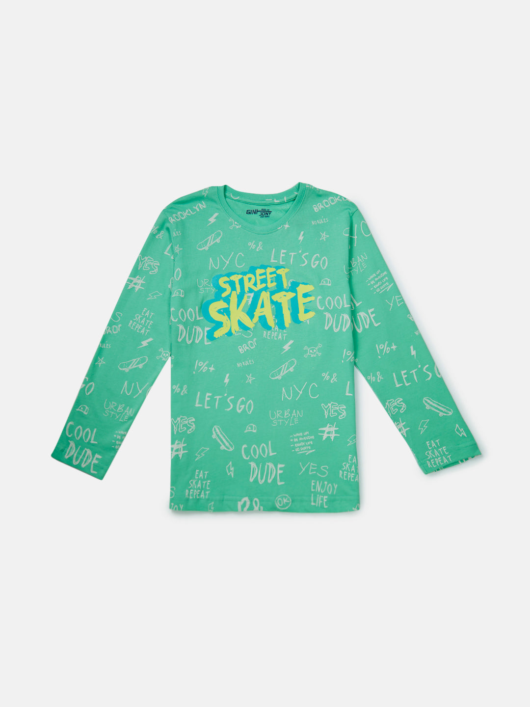 Boys Green Typographic Print Cotton T-Shirt Full Sleeves