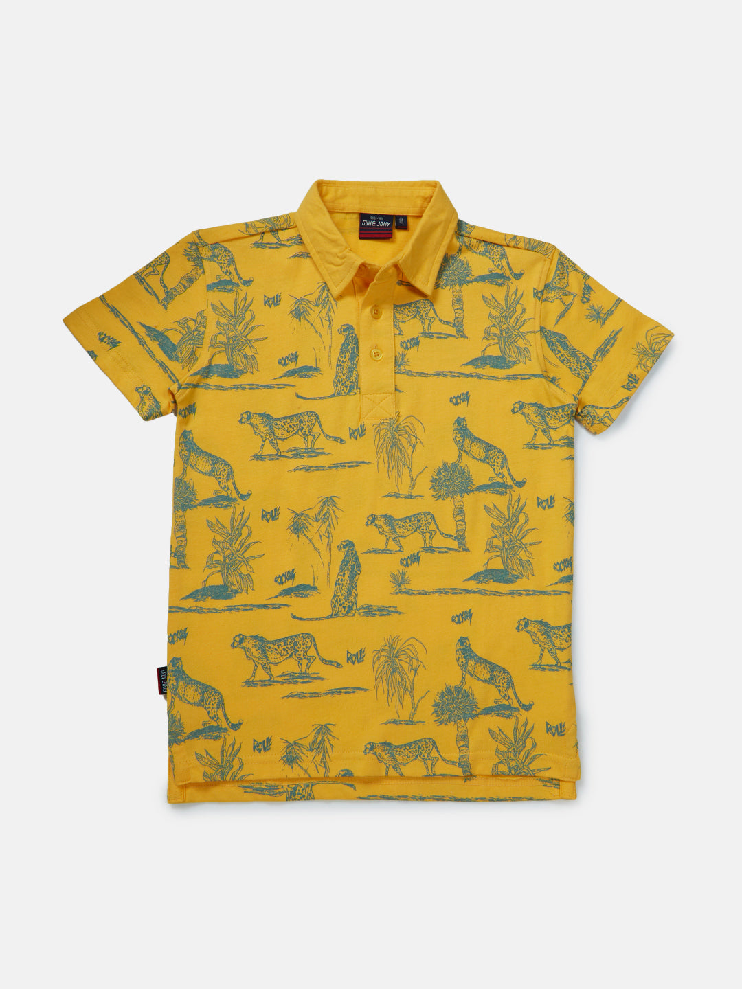 Boys Yellow Animal Print Cotton Polo T-Shirt Half Sleeves