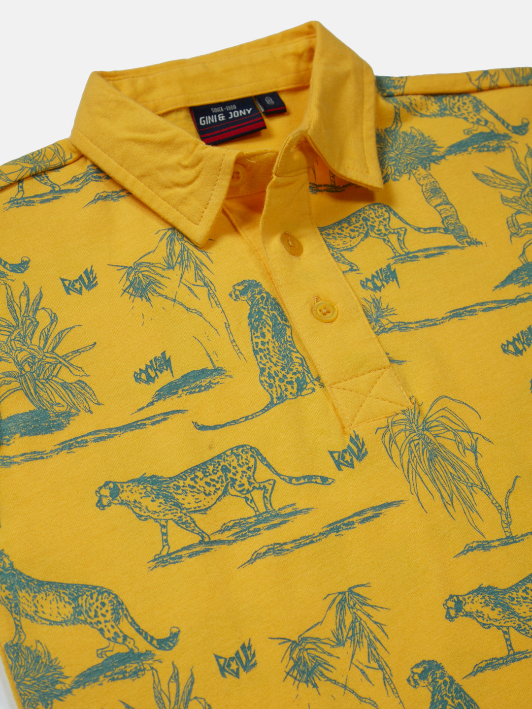 Boys Yellow Animal Print Cotton Polo T-Shirt Half Sleeves