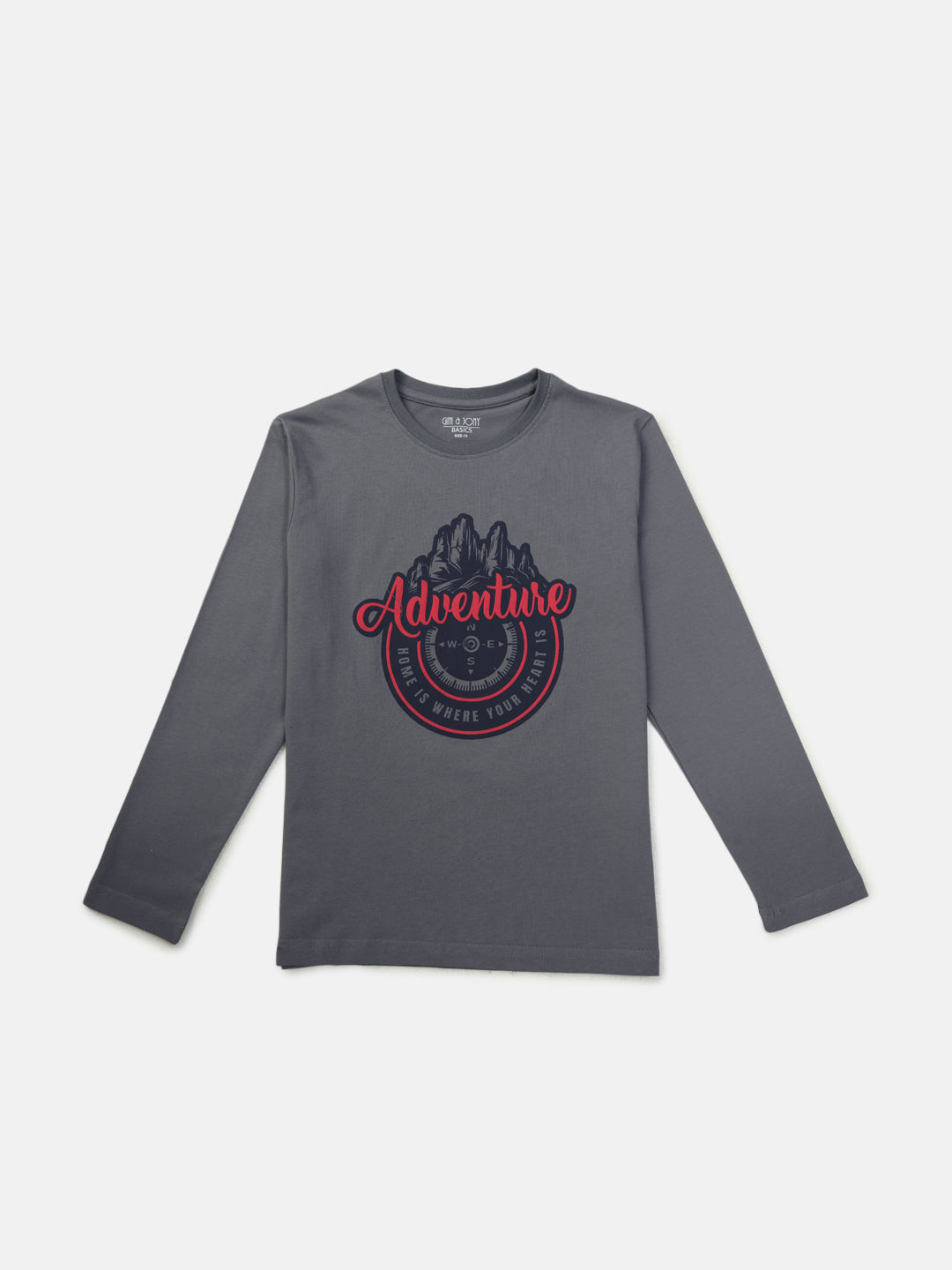 Boys Grey Graphic Print Cotton T-Shirt Full Sleeves