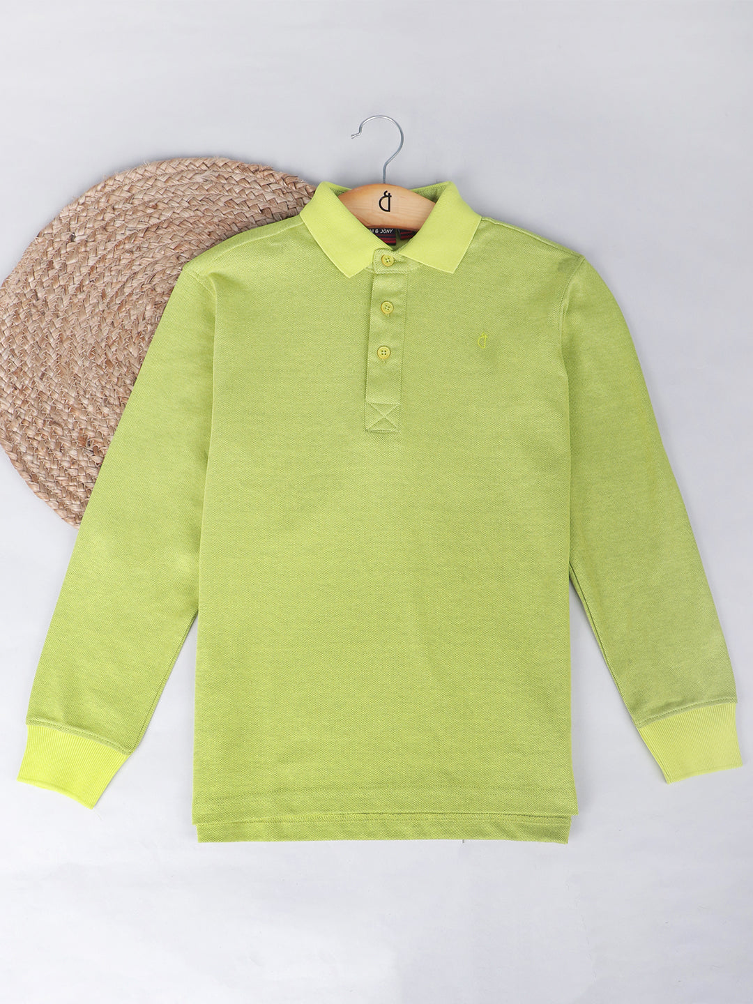 Boys Green Solid Woven Polo T-Shirt