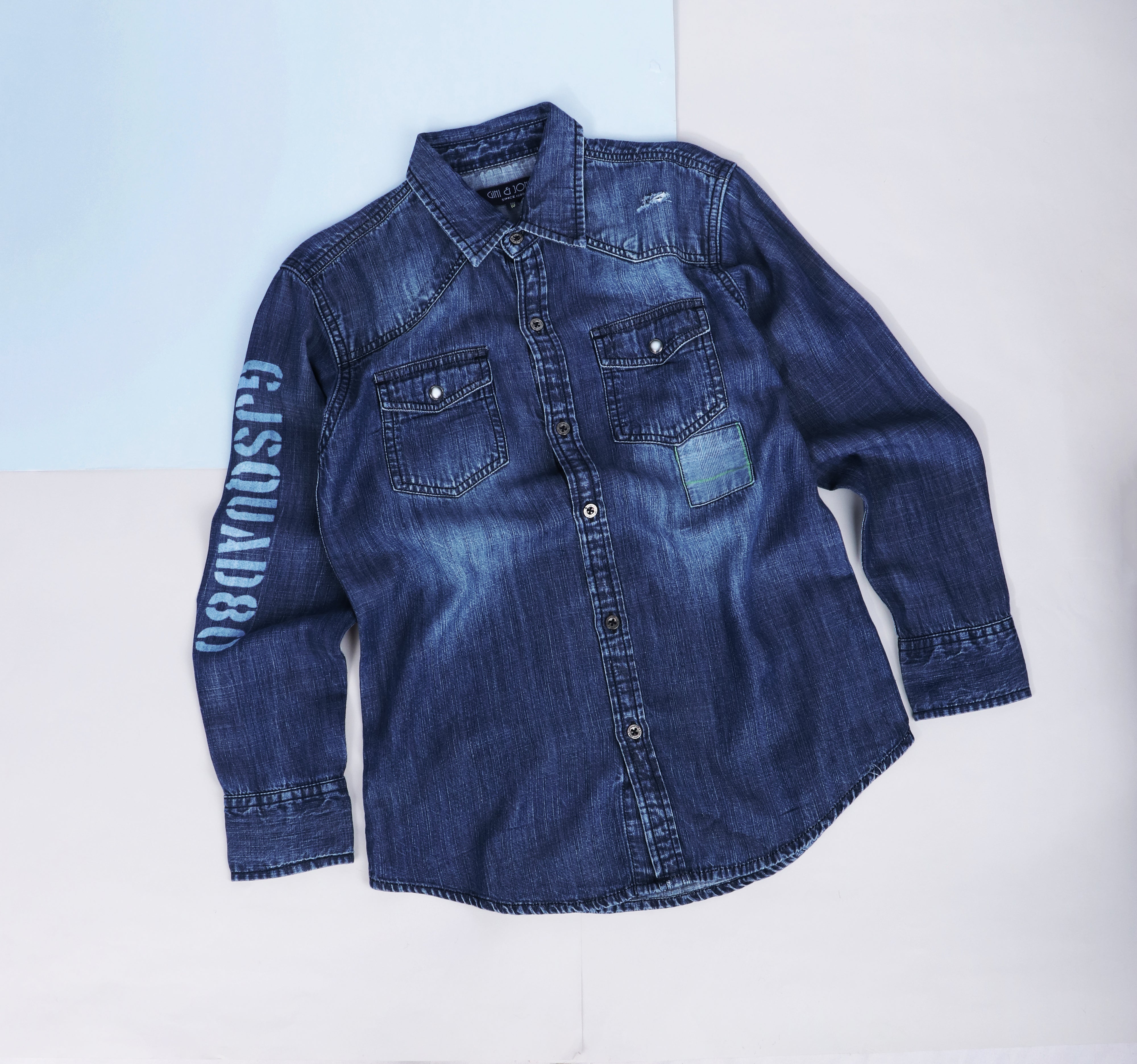 Boys Navy Blue Printed Denim Shirt