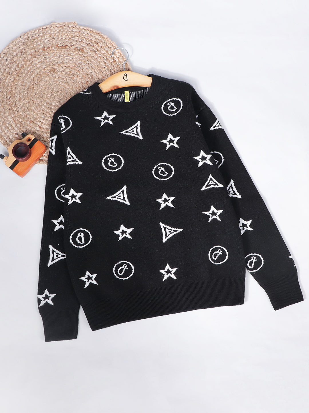 Boys Black Printed Woven Sweater