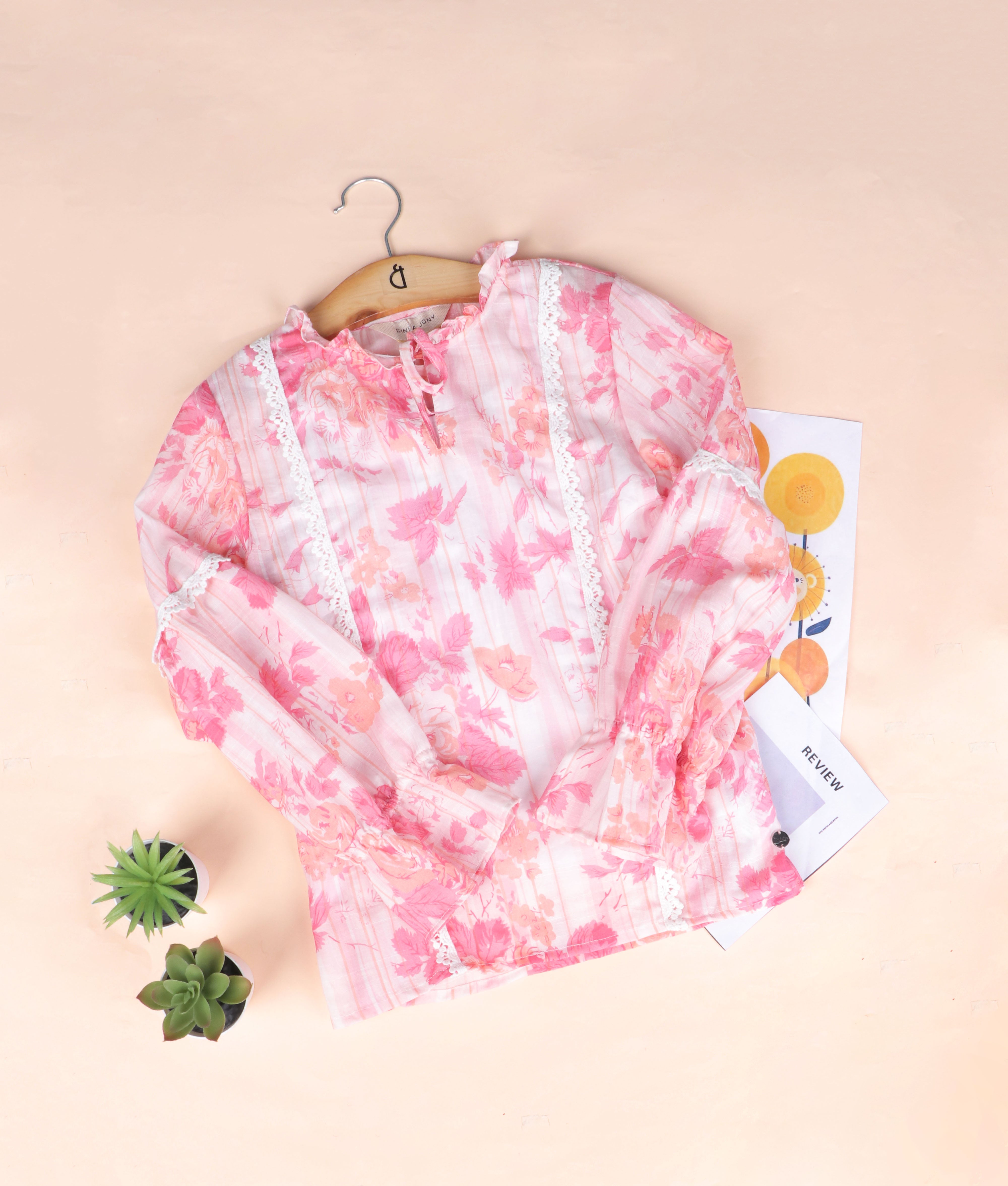 Girls Pink Printed Crepe Woven Top