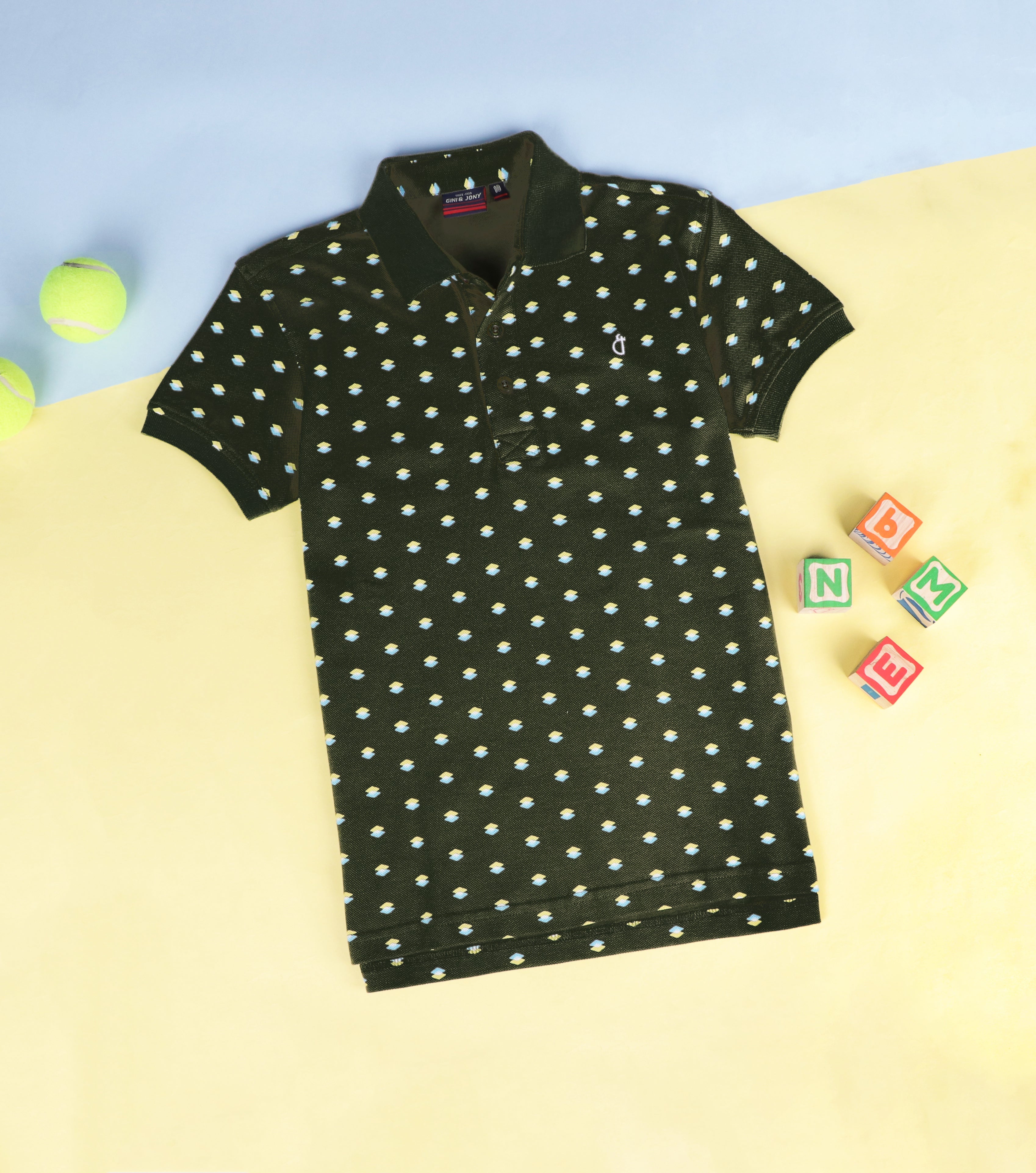 Boys Green Printed Woven Polo T-Shirt