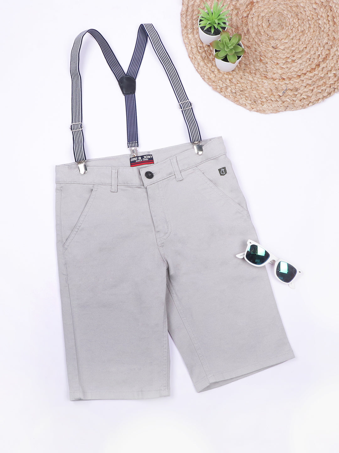 Boys Grey Cotton Solid Bermuda