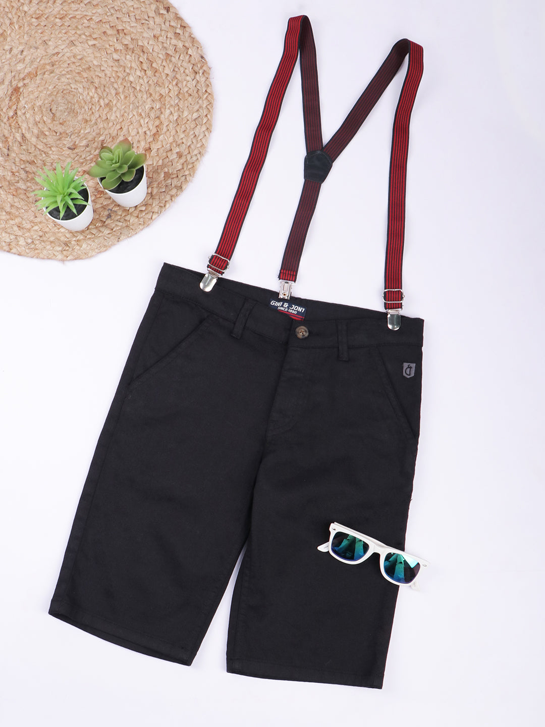 Boys Black Cotton Solid Bermuda