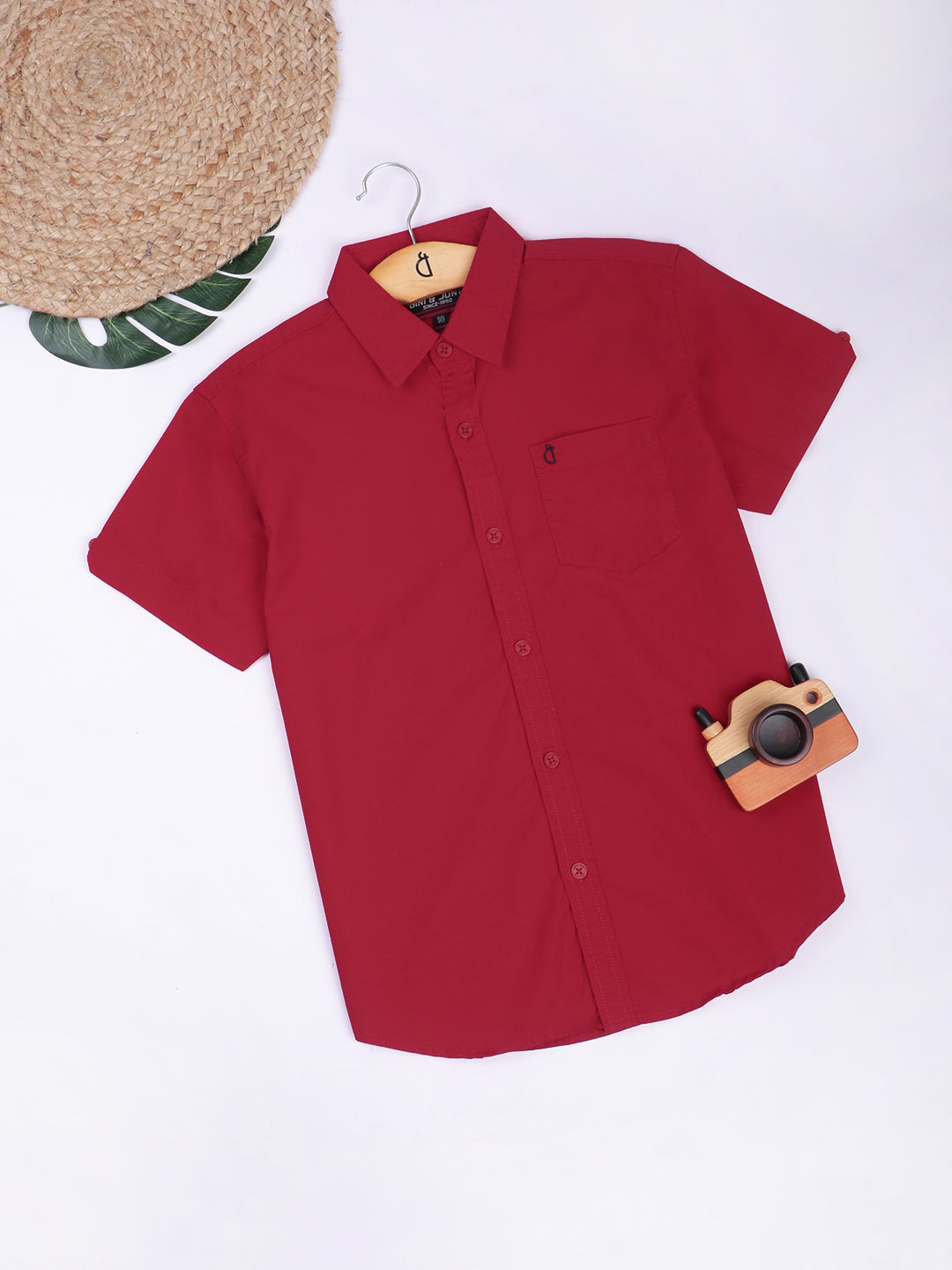 Boys Red Cotton Solid Shirt