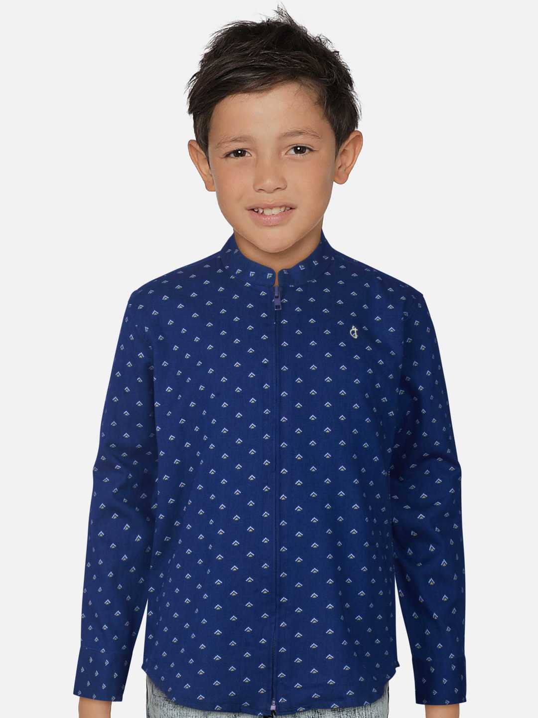 Boys Navy Blue Cotton Denim Printed Shirt