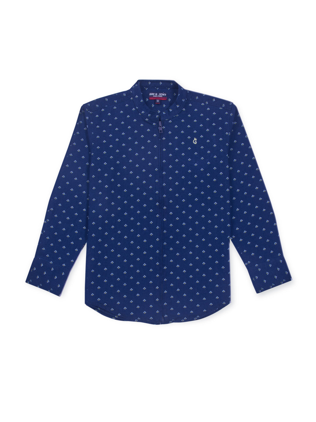 Boys Navy Blue Cotton Denim Printed Shirt