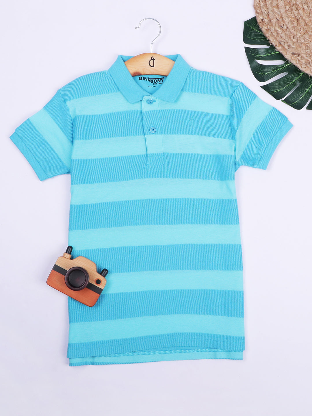 Boys Blue Cotton Stripes Polo T-Shirt