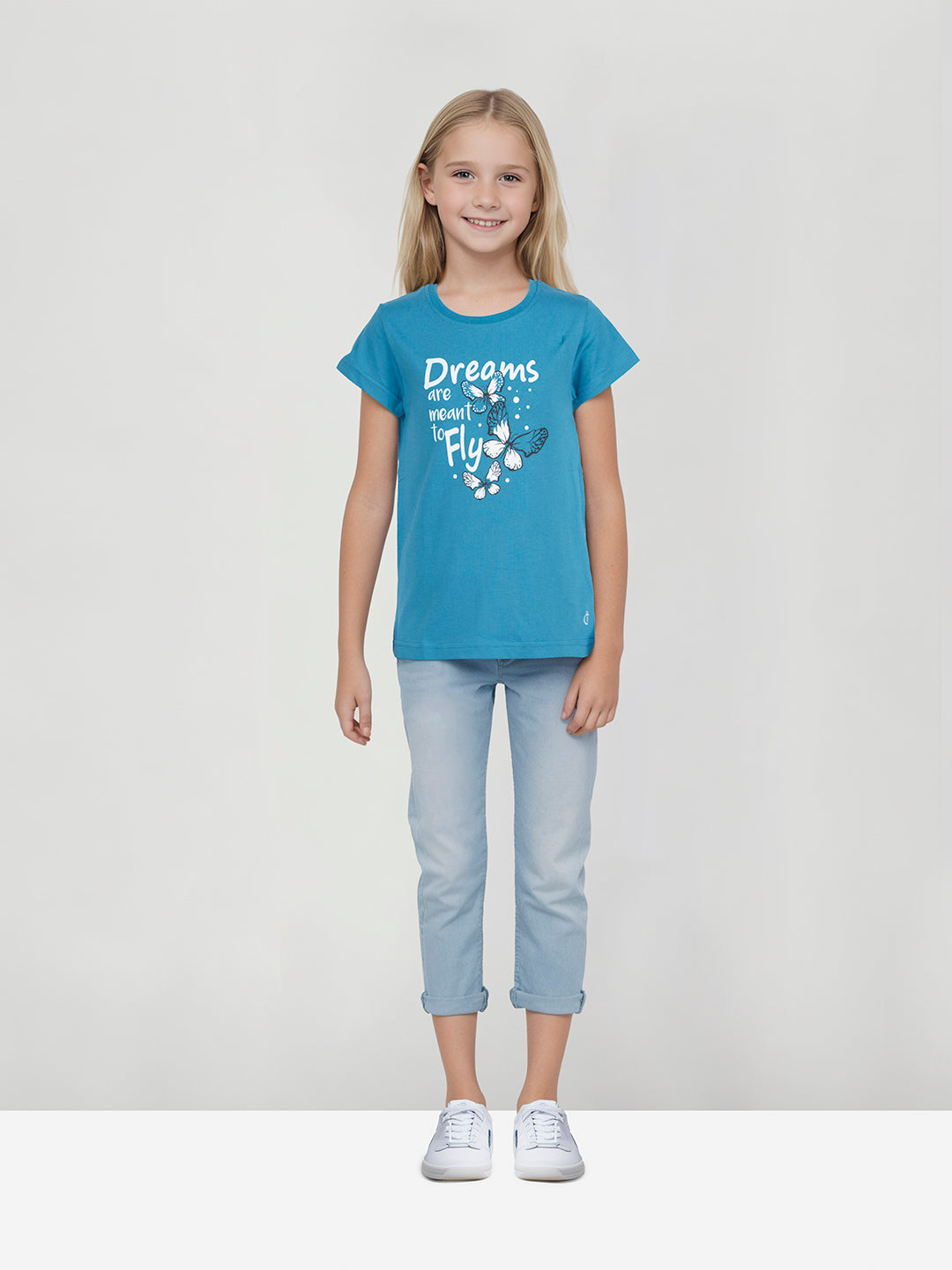 Girls Blue Cotton  Printed Knits Top