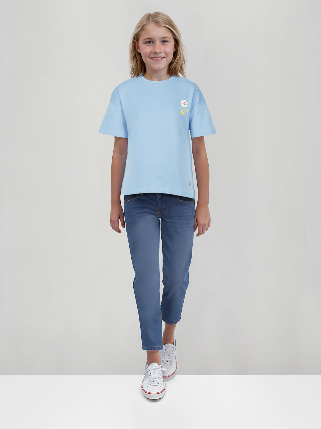 Girls Blue Solid Cotton Half Sleeves Knits Top