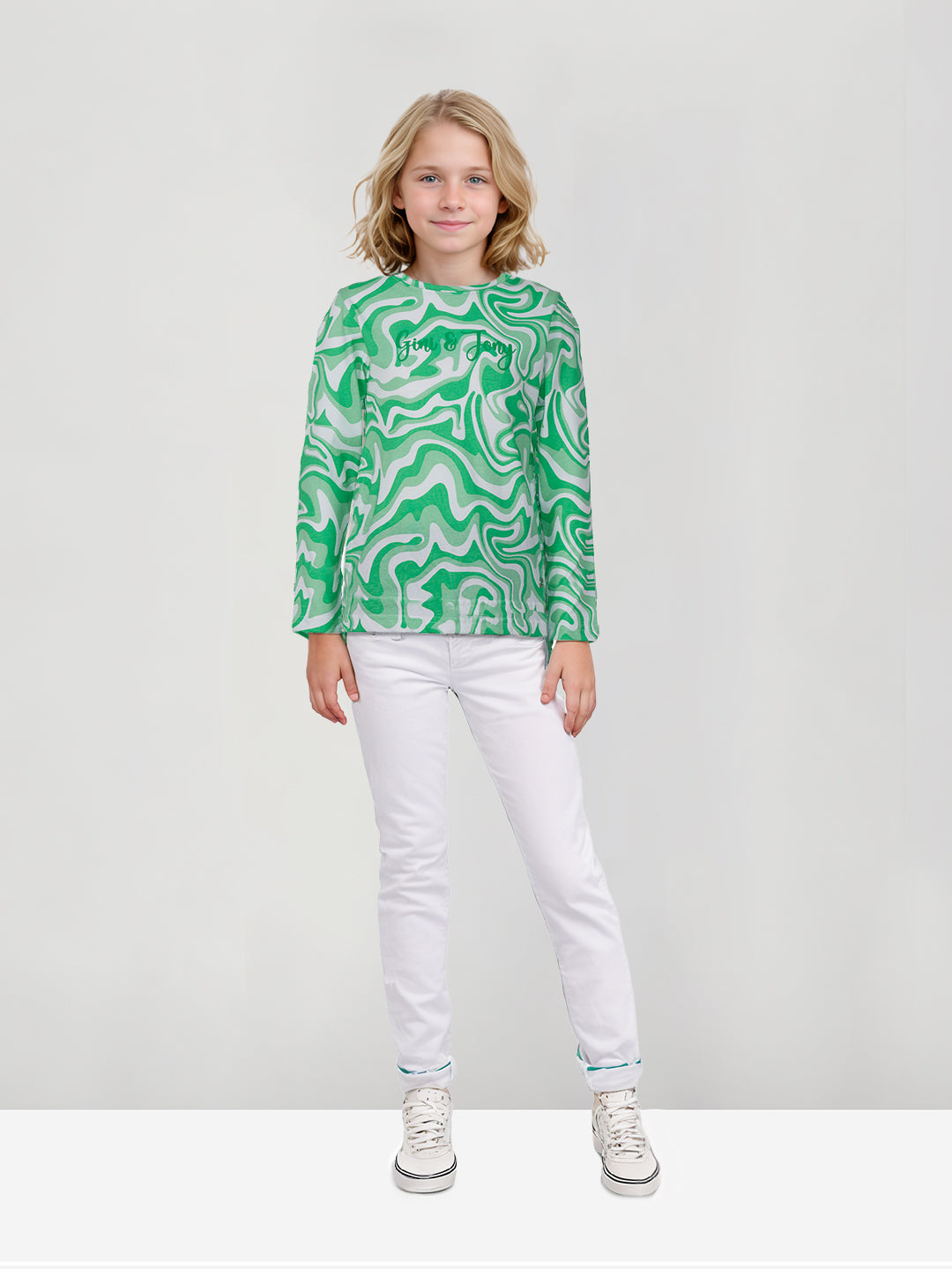 Girls Green Printed Cotton Full Sleeves Knits Top
